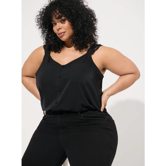 NWT! Torrid Studio Crepe de Chine Lace Trim Button Front Tank Black Lace 6x 30 - Picture 1 of 4